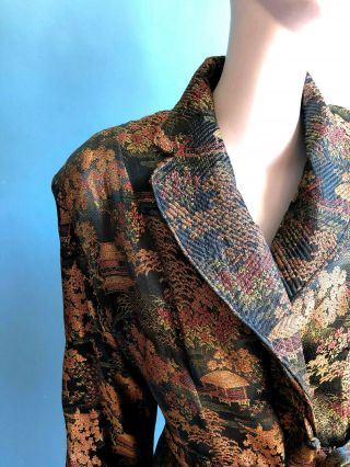 Antique 1920s Asian Black Silk Quilted Brocade Robe Gatsby Red Carpet Glam Med 4