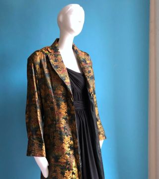Antique 1920s Asian Black Silk Quilted Brocade Robe Gatsby Red Carpet Glam Med 5