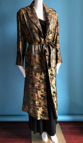 Antique 1920s Asian Black Silk Quilted Brocade Robe Gatsby Red Carpet Glam Med 6