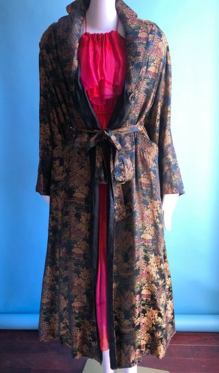Antique 1920s Asian Black Silk Quilted Brocade Robe Gatsby Red Carpet Glam Med 8