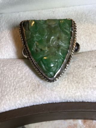 Antique Chinese Export Green Imperial Jade Sterling Silver Ring Pierced 5.  5