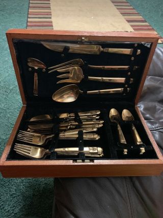 Vintage 29 Piece Gold Plated Flatware Set With Wood Case