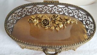 7.  5 " Vintage Antique 24k Gold Plated Signed Matson Filigree Ormolu Jewelry Box