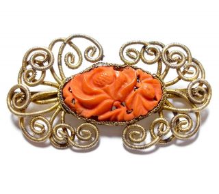 Large Antique Chinese Carved Coral & Silver Gilt Brooch Pin