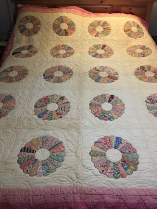 Vintage Dresden Plate Feedsack Handmade Patchwork Appliqué Quilt 80” X 68”