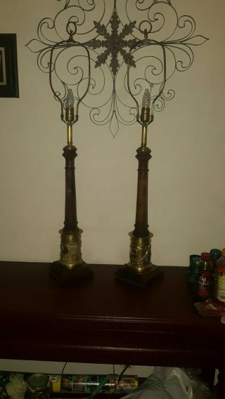 Vintage Mid Century Brass & Wood Lamps By Frederick Cooper Buffet