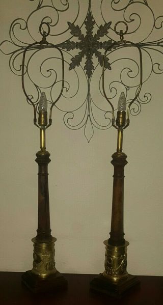 VINTAGE Mid Century Brass & Wood Lamps By Frederick Cooper Buffet 2