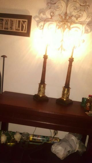 VINTAGE Mid Century Brass & Wood Lamps By Frederick Cooper Buffet 3