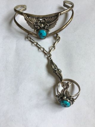Vintage Navajo Sterling Silver Turquoise Slave Cuff Bracelet & Ring Size 7