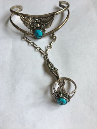 Vintage Navajo Sterling Silver Turquoise Slave Cuff Bracelet & Ring Size 7 2