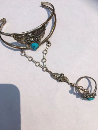 Vintage Navajo Sterling Silver Turquoise Slave Cuff Bracelet & Ring Size 7 3