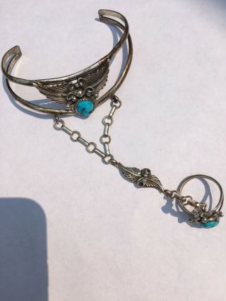 Vintage Navajo Sterling Silver Turquoise Slave Cuff Bracelet & Ring Size 7 4