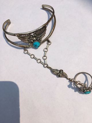 Vintage Navajo Sterling Silver Turquoise Slave Cuff Bracelet & Ring Size 7 5
