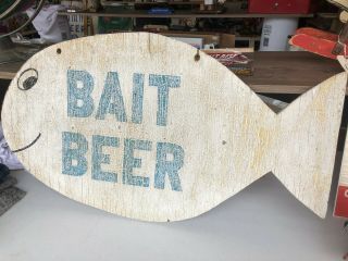 Vtg Old Fishing Bait Tackle Wood Beer Sign Hand Painted Gas Station Advertising