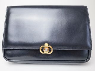 Auth Celine Paris Triomphe Black Leather Clutch Bag Box Bag Vintage