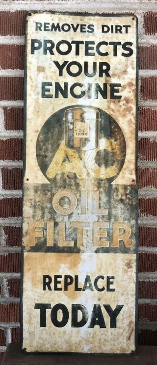 Vtg Rare 1935 Ac Oil Filter Embossed Tin Metal Sign 30” Gas Oil Station Detroit