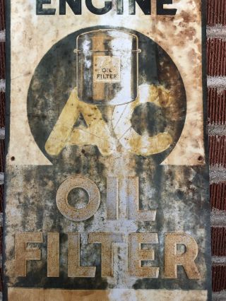 Vtg Rare 1935 AC Oil Filter Embossed Tin Metal Sign 30” Gas Oil Station Detroit 6