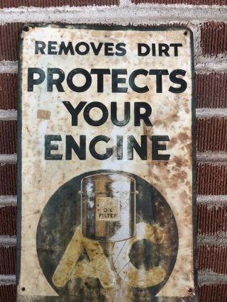 Vtg Rare 1935 AC Oil Filter Embossed Tin Metal Sign 30” Gas Oil Station Detroit 7