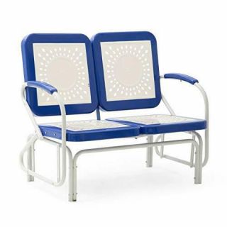 Retro Vintage Style Blue White Metal Patio Glider Bench Sofa Settee Outdoor