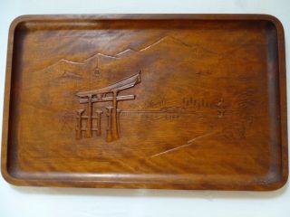 Vintage Hand Carved Wood Japanese Tray Temple Scene