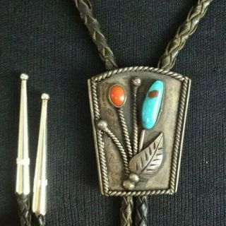 Vintage Navajo Sterling Silver Turquoise And Coral Bolo Tie,  Black Leather Cord