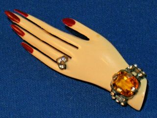 Vintage Art Deco Hand Brooch Pin White & Amber Rhinestone Ring & Bracelet French
