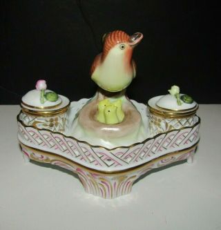 Vtg Herend Rothschild Porcelain Bird With Chicks Complete Double Inkwell