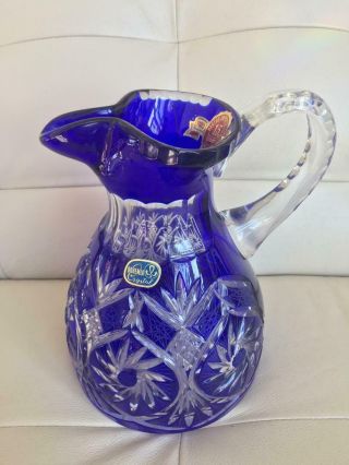 Vintage Bohemian Glass Cobalt Blue Cut To Clear Pitcher - 24 Lead Crystal Huge