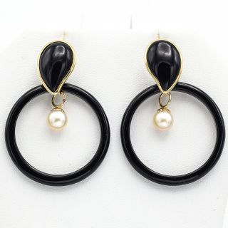 Vintage 14k Yellow Gold Black Onyx & Sea Pearl Dangle Earrings 10.  8 Grams