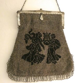 Antique Vintage Scenic Figural Steel Beaded Purse Bag Handbag