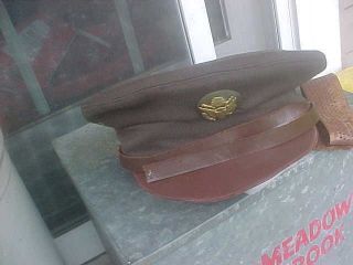 Vintage Wwii Us Army Military Wool - Leather Visor Hat - Brass Insigna