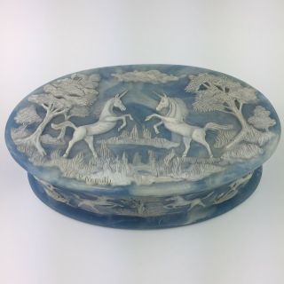 Vtg Incolay Stone Unicorn Jewelry Trinket Box R Nemith Blue White Usa