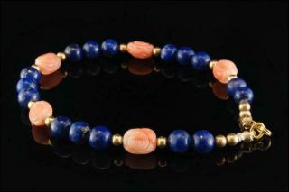 Vintage Chinese Carved Coral Shou Beads Lapis 14k Gold Bracelet D109 - 17