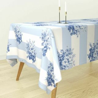 Tablecloth Blue Rose Stripes Rose Bouquet Floral Vintage Style Cotton Sateen