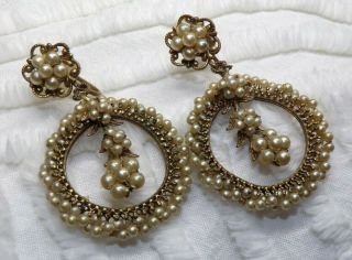 Victorian (age Unknown) Ornate Seed Pearl Earrings Wire Wrapped Hoop Screw Back