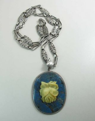 Antique Silver Necklace With Fancy Chain & Carved Rose Blue Agate Pendant