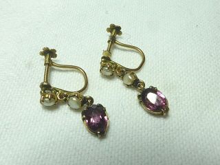 Pretty Pair Antique Rose Gold Garnet And Natural Pearl Earrings Screw On