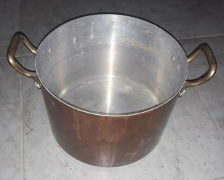 Vtg Rare Solid Copper Stew Stock Pan Pot Brass Handles 8 " Diameter 6 Quart / 24c