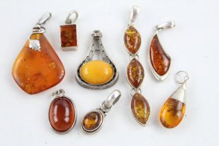 8 X Vintage.  925 Sterling Silver Amber Pendants Inc.  Egg Yolk,  Drop (24g)