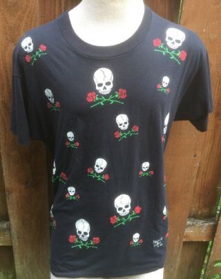 Vintage 1990 Fashion Victim All Over Print Skulls & Roses T - Shirt Xl Usa Made