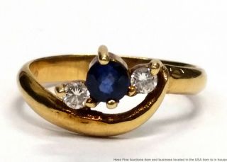 14k Yellow Gold Natural Blue Sapphire Fine Diamond Ladies Vintage Ring Size 6
