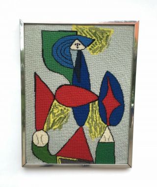 Vintage Colorful Abstract Picasso Woman Needlepoint Framed Tapestry Weaving Mcm