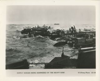 Wwii 1944 Us Army D - Day Normandy Invasion Photo Seabee Supply Barges Big Surf