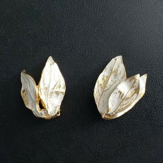 Vintage White Enamel Leaf Gold Tone Hinged Bangle Bracelet & Earrings SET S118 3