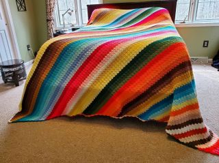 Vtg Handmade Crochet Rainbow Stripe Afghan Blanket King Sz 96 " X 110 " Hippie❤