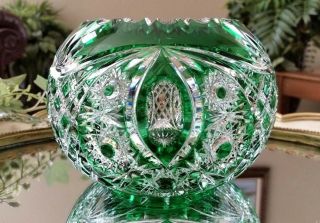 Vintage Val St Lambert Green Cut To Clear Crystal Rose Bowl Vase,