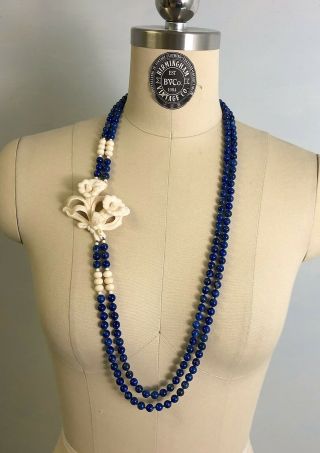 Antique Hand Carved Flowers Pendant On Blue Lapiz Lazuli Beads Necklace