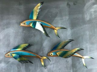 Set Of 3 Vtg 60s Midcentury Modern Flying Fish Masketeers Wall Art Wood & Metal