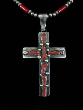 Vintage Navajo Cross Necklace - Sterling Silver And Coral