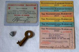 Vtg Pennsylvania Railroad 40 Yrs Sterling Pin,  Retirement Card,  Train Passes & 